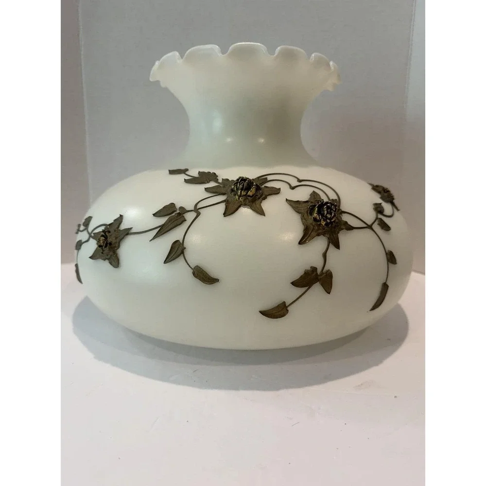 Vintage Carl Falkenstein Satin White Milk Glass Hurricane Lamp Top Globe Floral